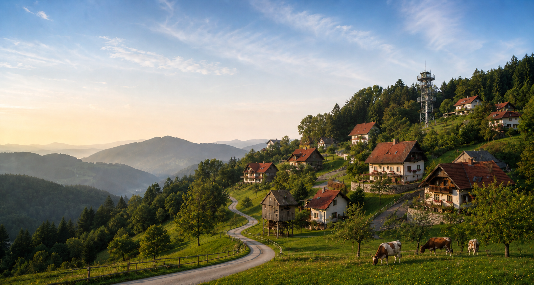 Dobeno na zelenem pobočju z razgledom na hribe