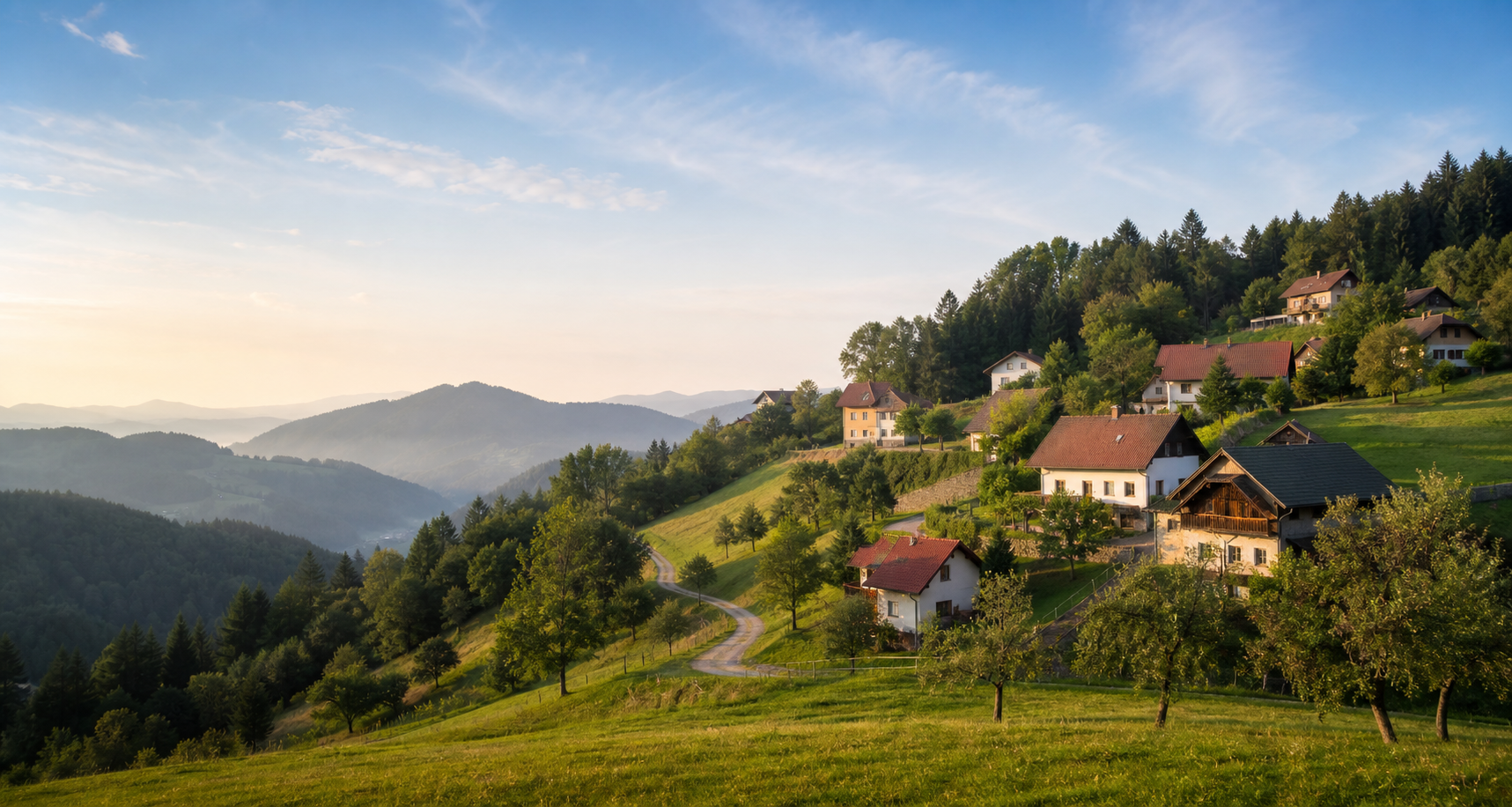 Zelena vas na pobocju z razgledom na hribe